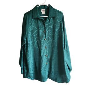 Plus 24 Y2K Gold Button Blouse Dark Sateen Shiny Green Christmas VTG Witch Goth